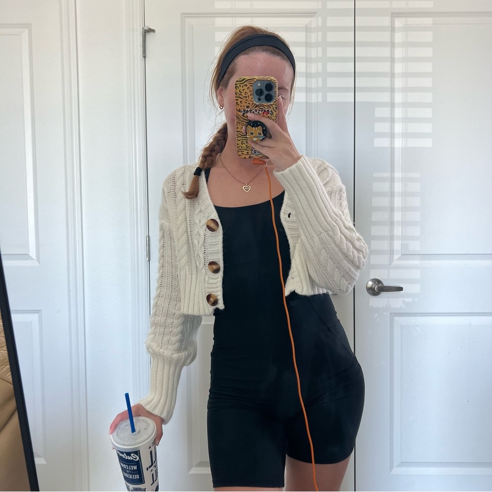 Cropped Cream Cable-Knit Button Cardigan